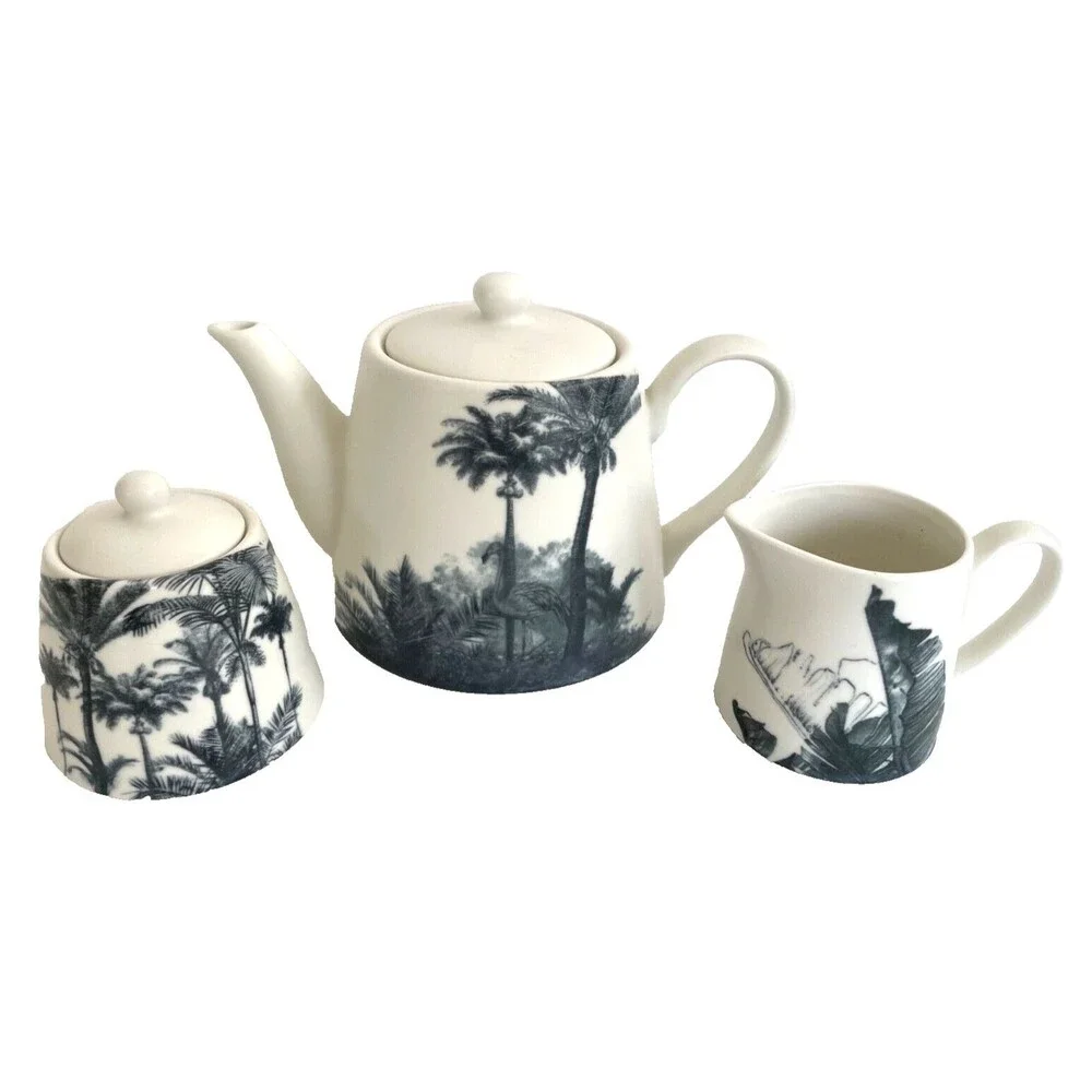 NEW Haus Hand Painted Porcelain Teapot, Sugar Bowl and Creamer Neutral Tropical